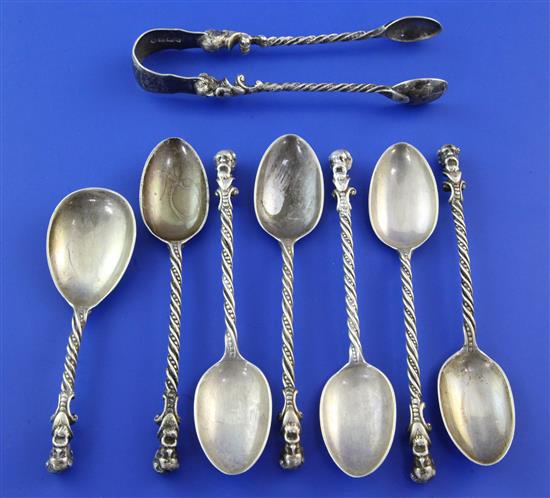 A set of six Victorian silver Charles Darwin? spoons with matching tongs and caddy spoon, 5.5 oz.